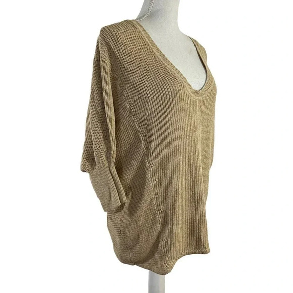 Express Slouchy Short Sleeve Sweater Tan Sand Oatmeal Knit Balloon Sleeve Medium - Picture 3 of 6